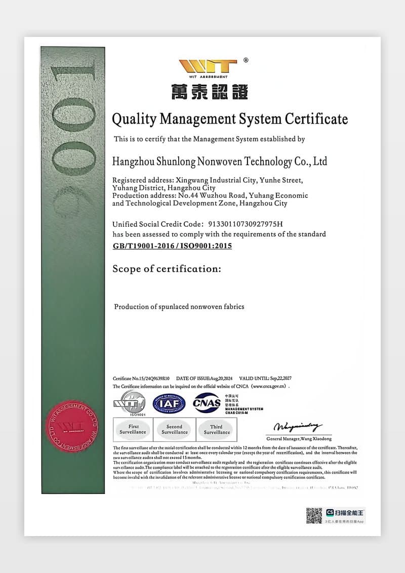 ISO 9001:2015 Quality Management System Certificate - Hangzhou Shunlong Nonwoven Technology